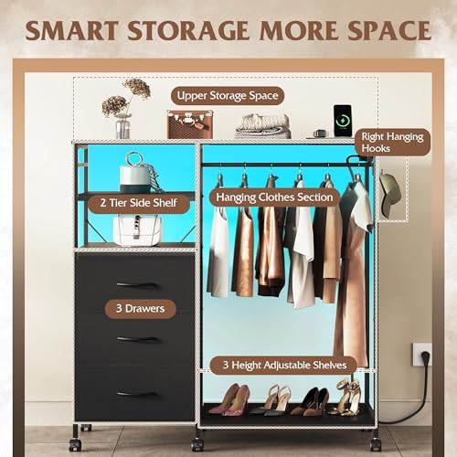 WLIVE Black LED Dresser with 3 Drawers & Hanging Rack, Bedroom Storage