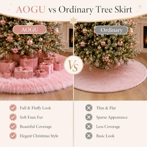 AOGU 60 Inch Pink Faux Fur Christmas Tree Skirt for Holiday Decor