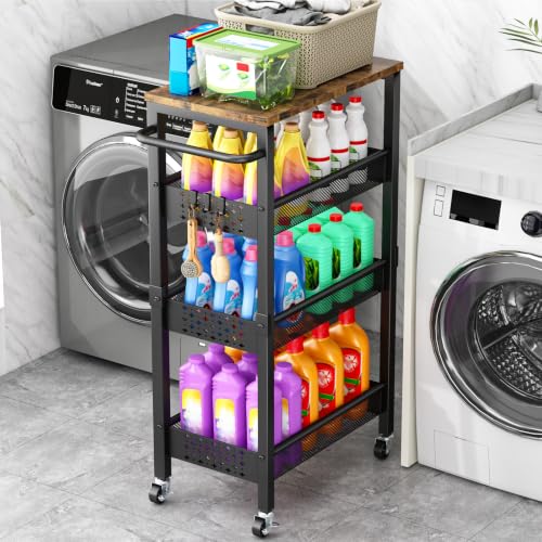 Vivihomety 4-Tier Metal & Wood Slim Rolling Laundry Cart - Black, 8.1 Inch Wide