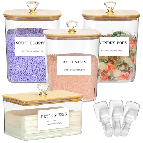 4 Pack Clear Laundry Pods & Dryer Sheet Organizer Set with Printed Labels