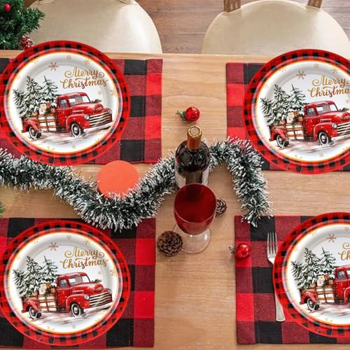 Christmas Paper Plates 24 Pack 9 Inch Rustic Truck & Red Plaid Holiday Dinnerware