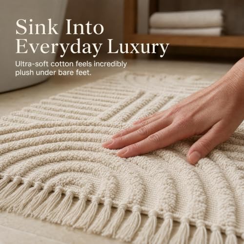 Cream Cotton Boho Bathroom Rug 2x3 ft with Tassels - KIBAGA