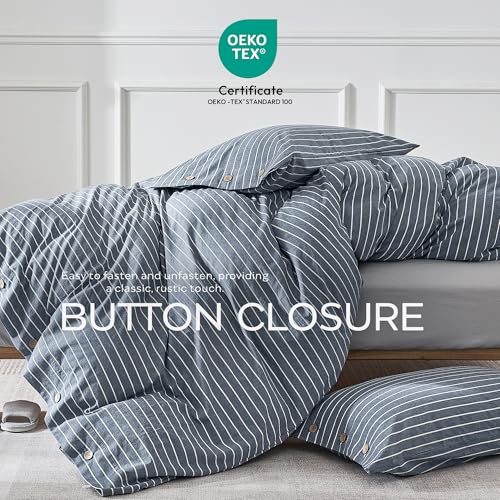 JELLYMONI Queen Duvet Cover Set 100% Washed Cotton Blue Pinstripe Linen Look