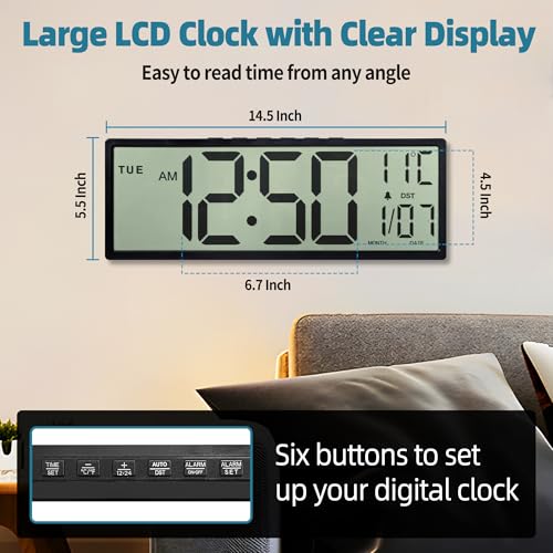 Henescribe 15-Inch Black Digital Wall Clock with Large Display, Calendar & Auto DST