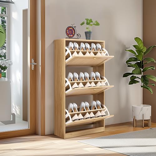 Natural Rattan 3-Tier Shoe Cabinet with Flip Drawers & Large Top Storage