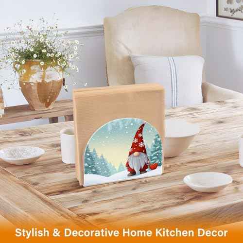 Caikeny Napkin Holder for Tables Christmas Gnome Acrylic Napkins Holder Winter Snow Tree Freestanding Tissue Dispenser Box for Kitchen Dining Table Coffee Desk Decor