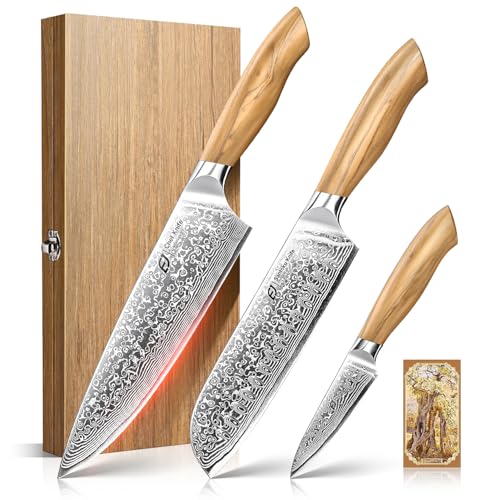 Emojoy 3-Piece Japanese Damascus Steel Knife Set with Olive Wood Handles & Wooden Box - Variation 3