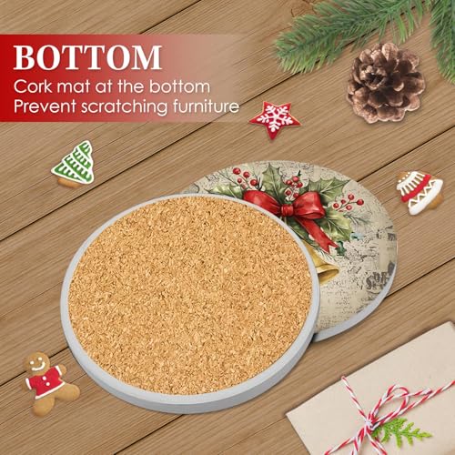 Bribay Christmas Coasters Set of 6 Ceramic Stone with Cork Bottom