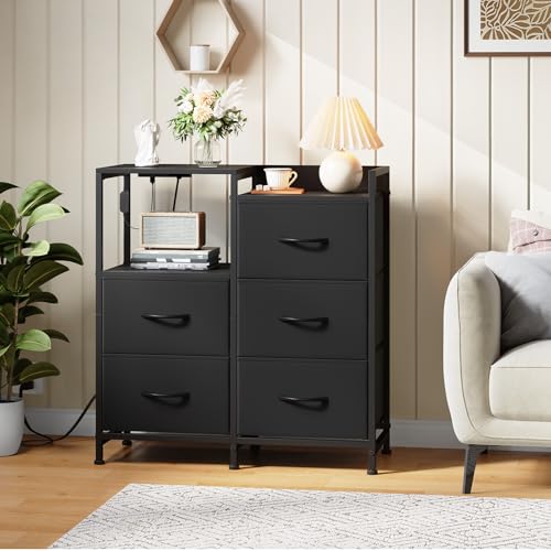 Somdot Black Wide Bedroom Nightstand with 5 Drawers, Charging Station & LED Light - 11.4"D x 26.2"W x 27.8"H