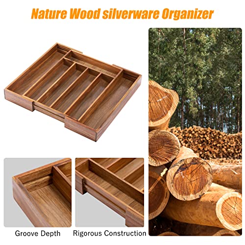 Brown Expandable Bamboo Silverware Drawer Organizer - 7 Slots Kitchen Utensil Tray