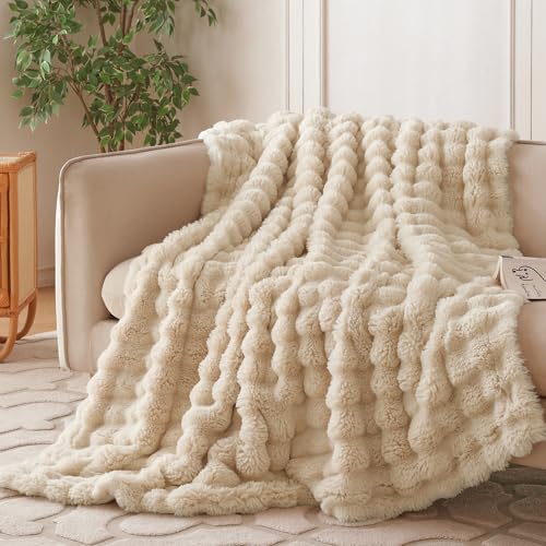 COOVA Soft Bubble Faux Fur Throw Blanket - Light Taupe 60x80 Inches