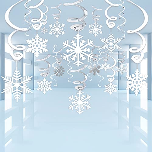 40Ct Christmas Snowflake Hanging Swirl Decorations,Christmas Hanging Ceiling Streamers Snowflake Hanging Swirls and Strings Decoration, Winter Party Wonderland Xmas Holiday Decor Supplies