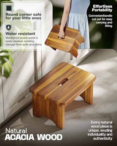 FANATU 9-Inch Wooden Bed Step Stool with Handle, Heavy Duty Acacia Bathroom & Kitchen Step