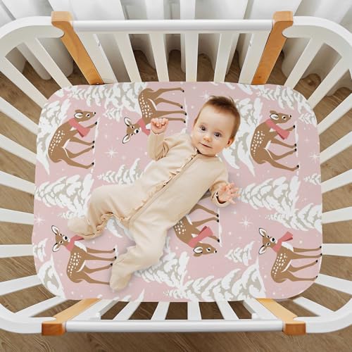 KICPOAY 52 x 28 Inch Fitted Crib Sheet for Baby & Toddler Playard - Snowflake Fawn Pattern, Breathable Soft Mini Mattress Cover, Multi 10