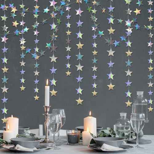 6 Pack Iridescent Star Paper Garland Holographic Twinkle Star Hanging Bunting Banner Backdrop for Christmas Birthday Party Decor Baby Shower Graduation Wedding Supplies