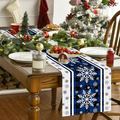 72 x 13 Inch Christmas Table Runner ? Blue and Black Buffalo Plaid with White Snowflake Pattern for Winter Holiday, Kitchen, Dining Table, Mantel, Xmas Party Decorations