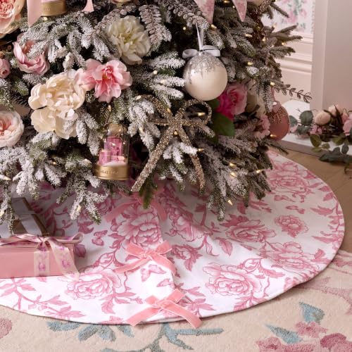 Syhood 30'' Pink Chinoiserie Velvet Christmas Tree Skirt with Bow
