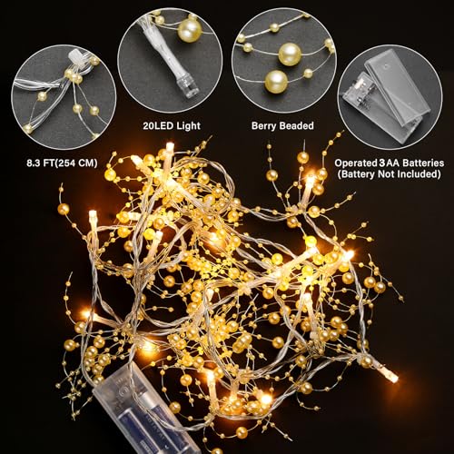 Very100 Gold 8.3FT Christmas Garland with Lights, Beaded Holiday Decor for Fireplace & Mantel