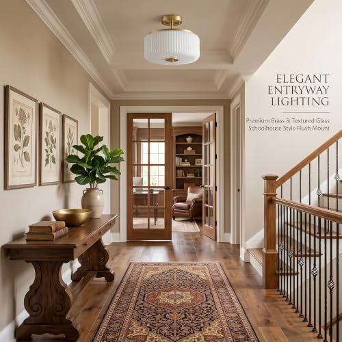 Gold & White Semi Flush Ceiling Light - 3 Light Schoolhouse Fixture with Ribbed Milk Glass Shade - Close to Ceiling Mount for Bedroom & Kitchen - Variation: Gold/White Semi