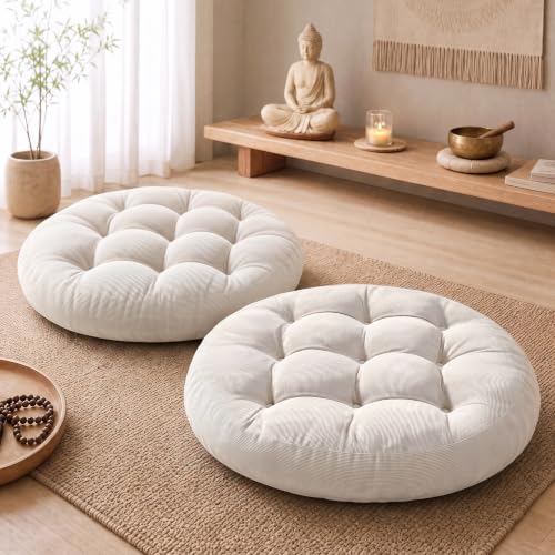Beige 2-Pack Meditation Cushions Set of 2, 22 Inch Round Floor Pillows for Adults - Comfortable Support