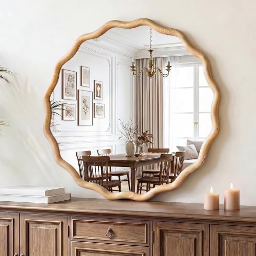 Natural Wood Wavy Circle Wall Mirror 24-inch Boho Round Decor - Variation of THIS listing