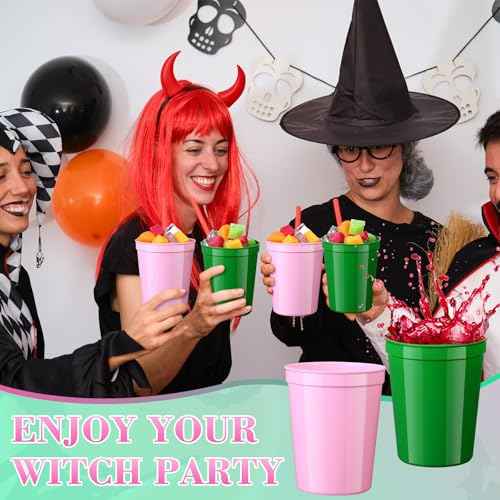 Yungyan 24 Pcs 16oz Pink and Green Plastic Cups Reusable Witch and Princess Beverage Drinking Cups for Movie Party, Witch Themed, Dress up, Christmas, Halloween, Wedding, Graduation Favors Supplies