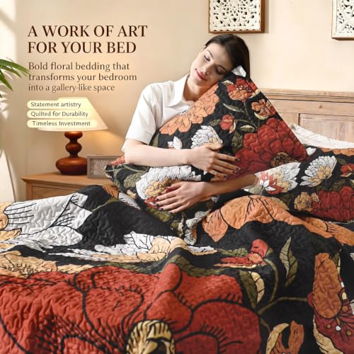 Queen Size Boho Floral Quilt Set - Reversible Bedspread with Pillow Shams