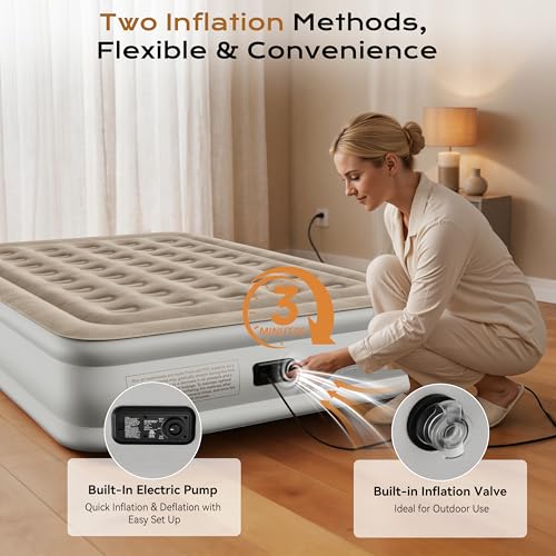 Sebor 13-inch Twin XL Air Mattress with Built-in Pump - Khaki White, Self-Inflating, Durable Guest & Camping Bed
