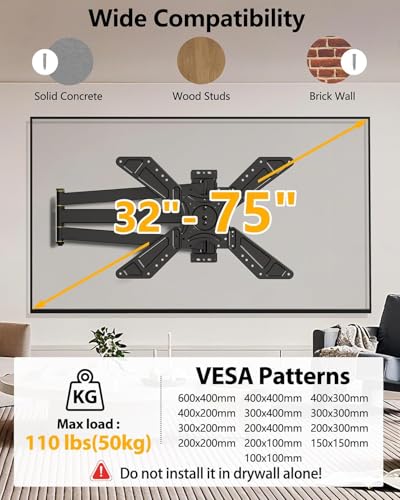 Full Motion Corner TV Wall Mount for 32-75 Inch TVs - Supports 110 lbs - Landscape & Portrait