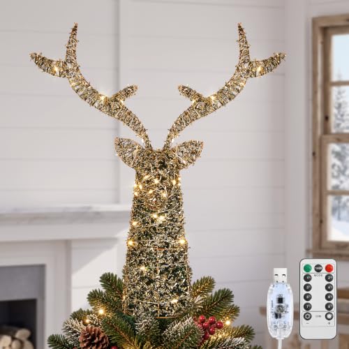 Lewondr C-Black Gold Rustic Lighted Deer Tree Topper - Christmas Reindeer Decor