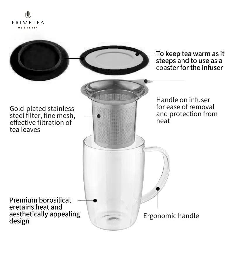 Prime Tea - Glass Teacup with Tea Infuser, 16oz / 470 ml, Hand Blown, Single Wall, Heat Resistance Borosilicate Glass Teamaker Cup for Blooming & Loose Leaf Tea, Microwave & Dishwasher Safe (Black)