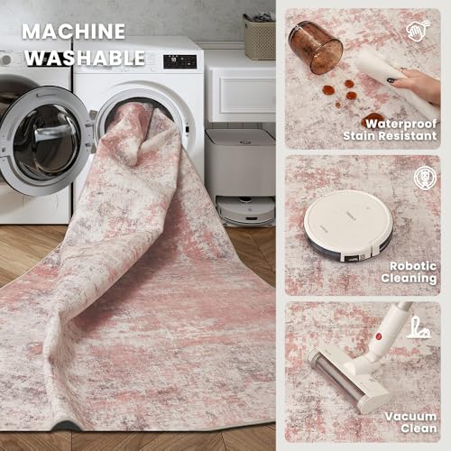 Pink Gray Washable Area Rug 6x9 ft - Vintage Print, Non-Slip, Pet-Friendly