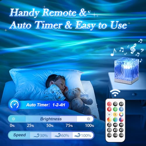 Blue Northern Lights Projector Night Light with White Noise & Bluetooth Speaker - 4-in-1 Crystal Lamp for Bedroom & Kids Gifts
