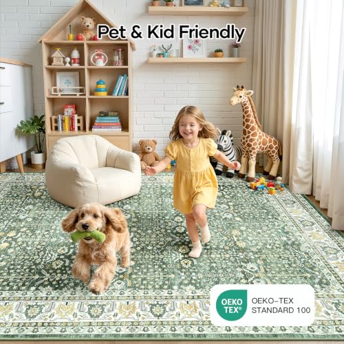 Sage Green 9x12 Washable Area Rug - Non-Slip Boho Living Room Carpet