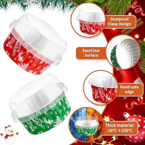 Potchen 200 Pcs Christmas Foil Baking Cups with Lids - 5oz Disposable, Classic Holiday Design