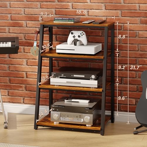4-Tier Heavy Duty Media Stand with Hooks - Wooden Audio & Game Console Rack, Large TV & DVD Storage, Regular