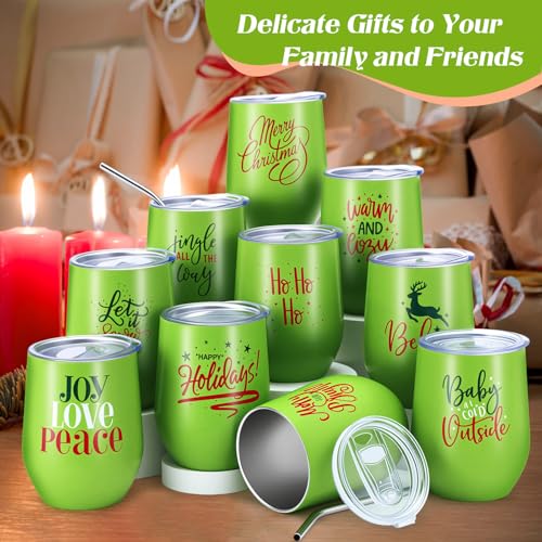 Uiifan 10 Pack Green Christmas Tumblers 12oz Stainless Steel Travel Mugs with Lids & Straws