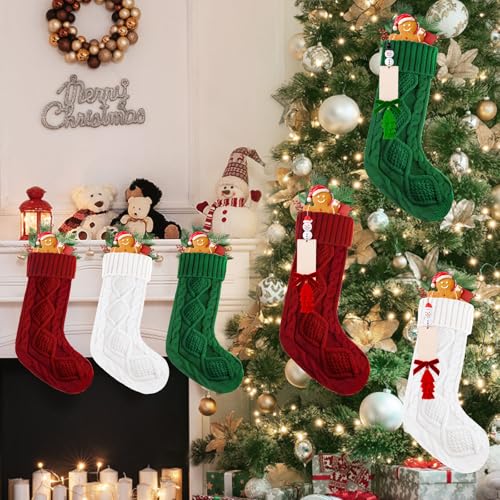 Gushu 4 Pack Christmas Stockings - 18 Inch Cable Knit Family Holiday Decor, Red Green White