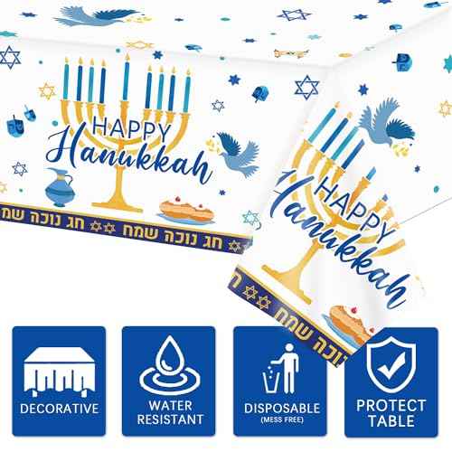 Oigco 3Pcs Hanukkah Tablecloth Hanukkah Theme Table Cloth, Hanukkah Decorations for Happy Hannukah Decorations Table Cover for Plastic Chanukah Jewish Chanukah Party Supplies, 108 x 54 inch