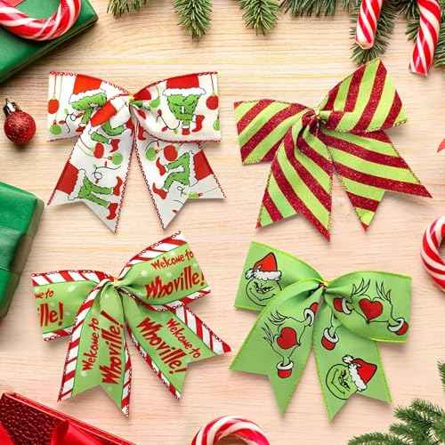 Christmas Bows 16 Pcs Red Green Christmas Bows for Tree Gift Wreaths Wrapping Garland, 6 Inch Christmass Decorations Ribbon Xmas Tree Ornaments