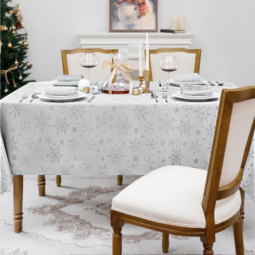 Romanstile Silver Christmas Jacquard Tablecloth 60 x 102 in with Snowflake Pattern