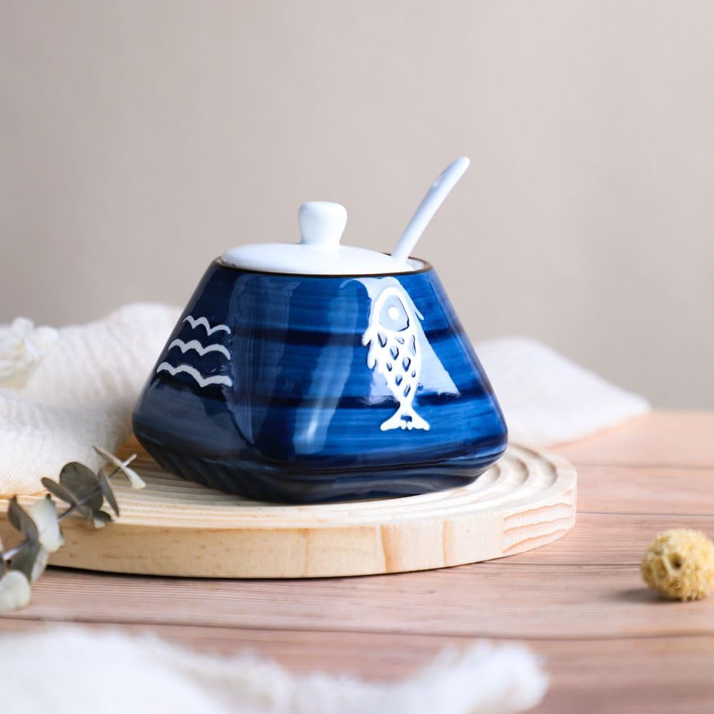 Skiennix Hand-Painted Ceramic Spice Jar - Stylish Seasoning Box with Lid & Spoon | Perfect Kitchen Gift