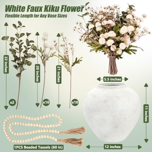 White Large Round Faux Silk Mum Flower Arrangement in Rustic Vase - 22 Pcs
