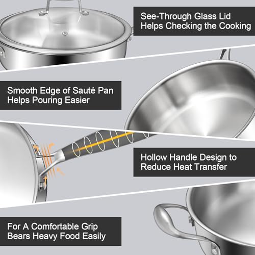 EWFEN 12-Inch Tri-Ply Stainless Steel Saute Pan with Handle and Lid, Compatible with All Cooktops