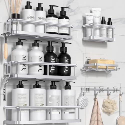 Silver XL Shower Caddy Adhesive Rustproof Shower Shelves for Inside Shower