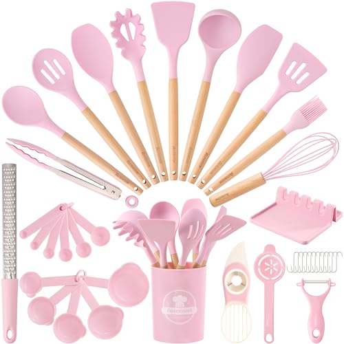 Silicone Kitchen Utensils Set 39 Pcs with Wooden Handles - Heat Resistant BPA-Free Pink