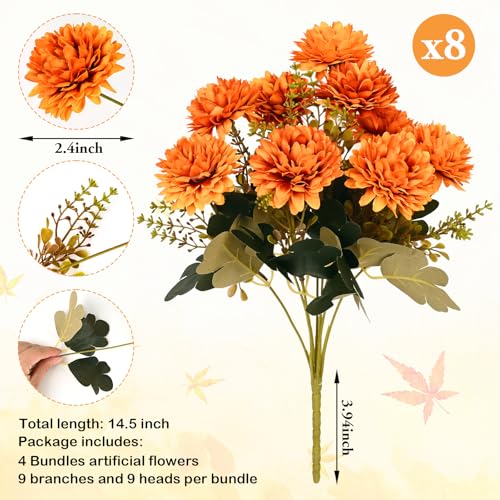Waipfaru 8 Pcs Fall Artificial Mums in Orange - Realistic Faux Flower Decor