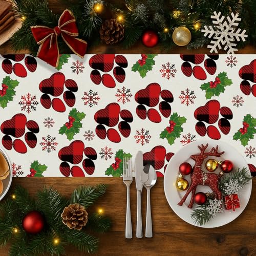 GPGHE 13'' x 72'' Christmas Dog Table Runner Plaid Holiday Kitchen Decor
