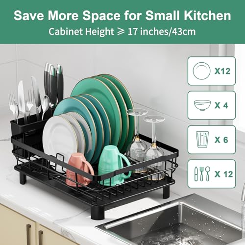 Kitchen Dish Drying Rack with Drainboard - Black, 13 x 17 Inches