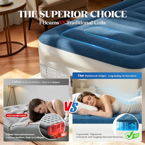 Blue Twin XL Air Mattress with Built-in Pump - 15 Inch Height, 500lb Capacity